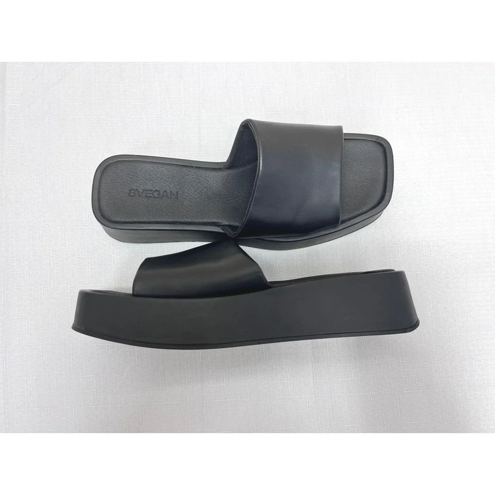SVEGAN Platform Slide Sandals Women Size 42 Black Excellent Vegan Square‎ Toe